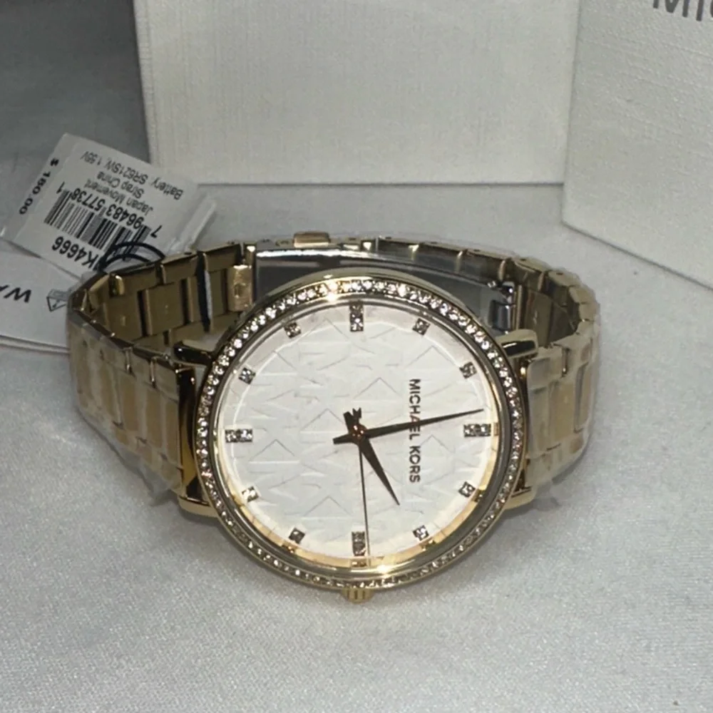 Michael Kors Pyper Three Hand Gold Tone Bracelet Watch White 38mm MK4666